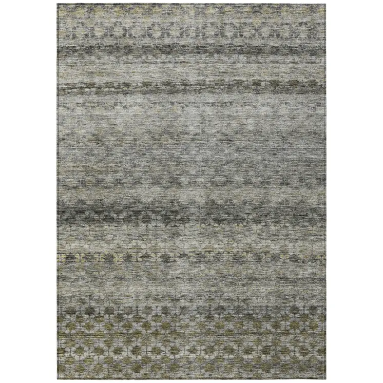 9' X 12' Pewter And Green Striped Washable Indoor Outdoor Area Rug