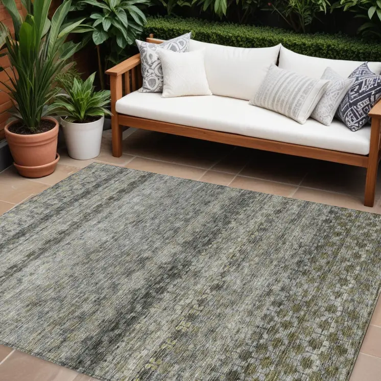 10' X 14' Pewter And Green Striped Washable Indoor Outdoor Area Rug