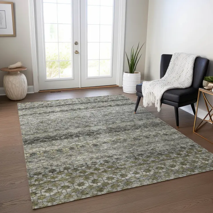 10' X 14' Pewter And Green Striped Washable Indoor Outdoor Area Rug