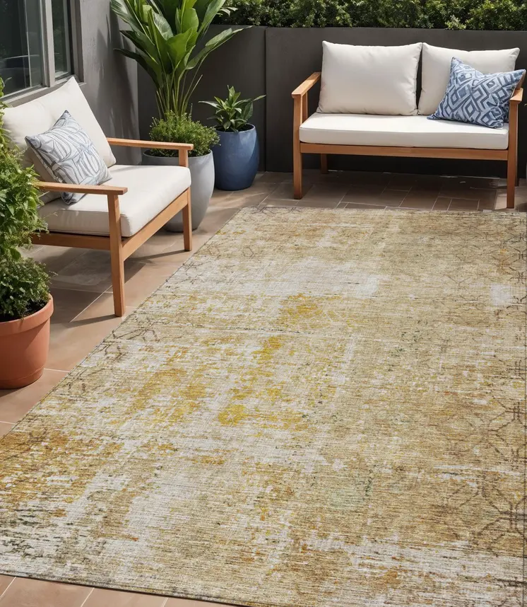 5' X 8' Gold Brown And Beige Geometric Washable Indoor Outdoor Area Rug