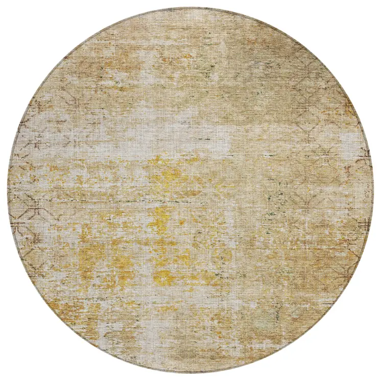 8' Gold Brown And Beige Round Geometric Washable Indoor Outdoor Area Rug