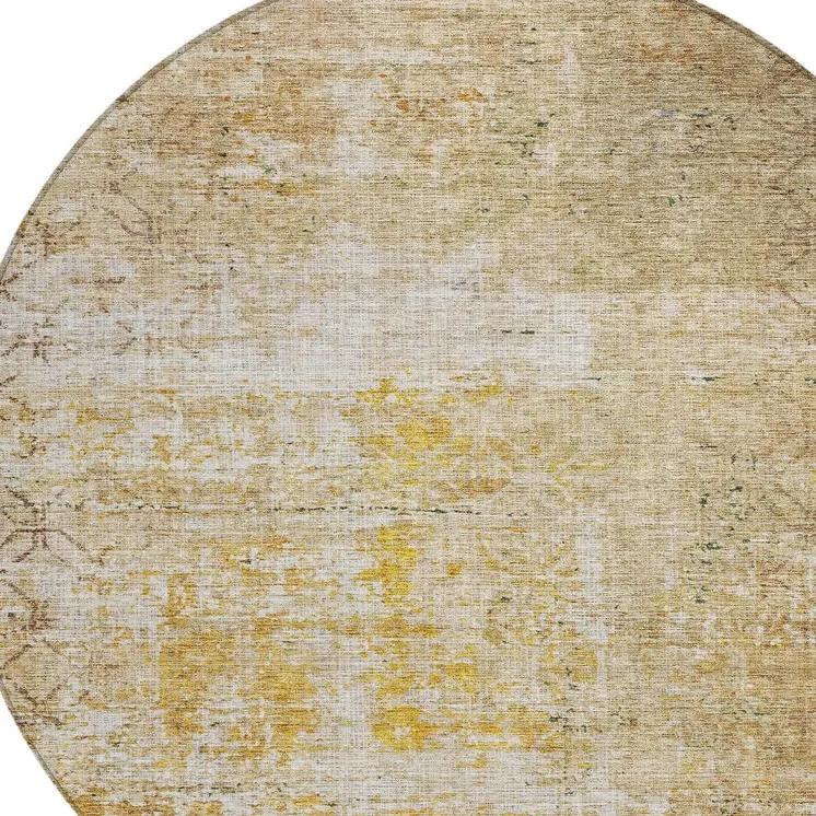 8' Gold Brown And Beige Round Geometric Washable Indoor Outdoor Area Rug