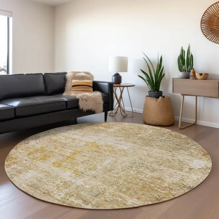 8' Gold Brown And Beige Round Geometric Washable Indoor Outdoor Area Rug