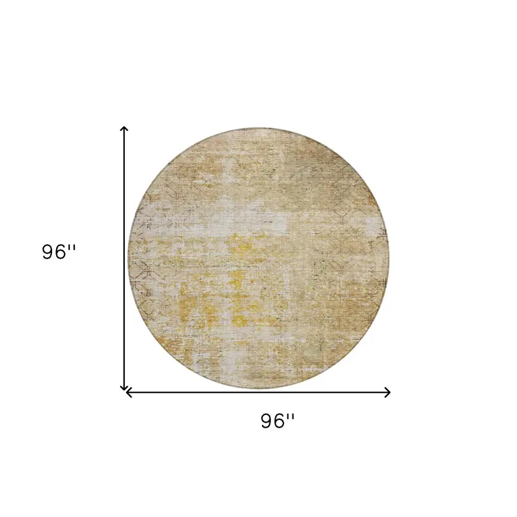 8' Gold Brown And Beige Round Geometric Washable Indoor Outdoor Area Rug