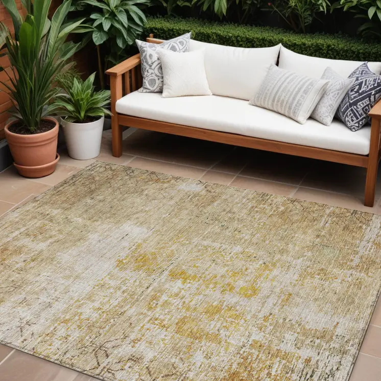 8' X 10' Gold Brown And Beige Geometric Washable Indoor Outdoor Area Rug