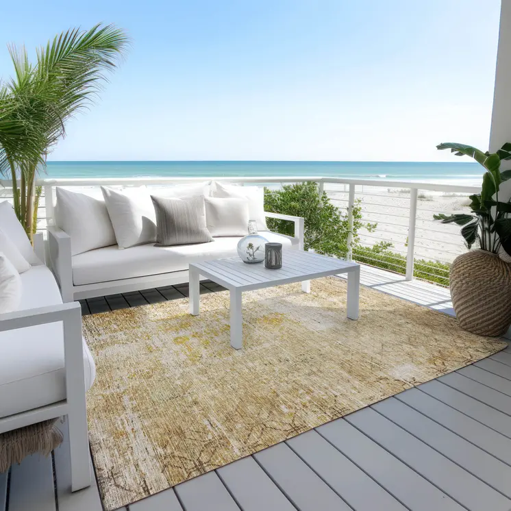 8' X 10' Gold Brown And Beige Geometric Washable Indoor Outdoor Area Rug