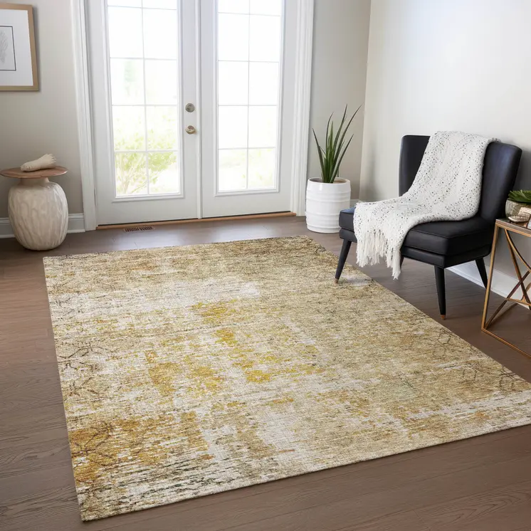 8' X 10' Gold Brown And Beige Geometric Washable Indoor Outdoor Area Rug