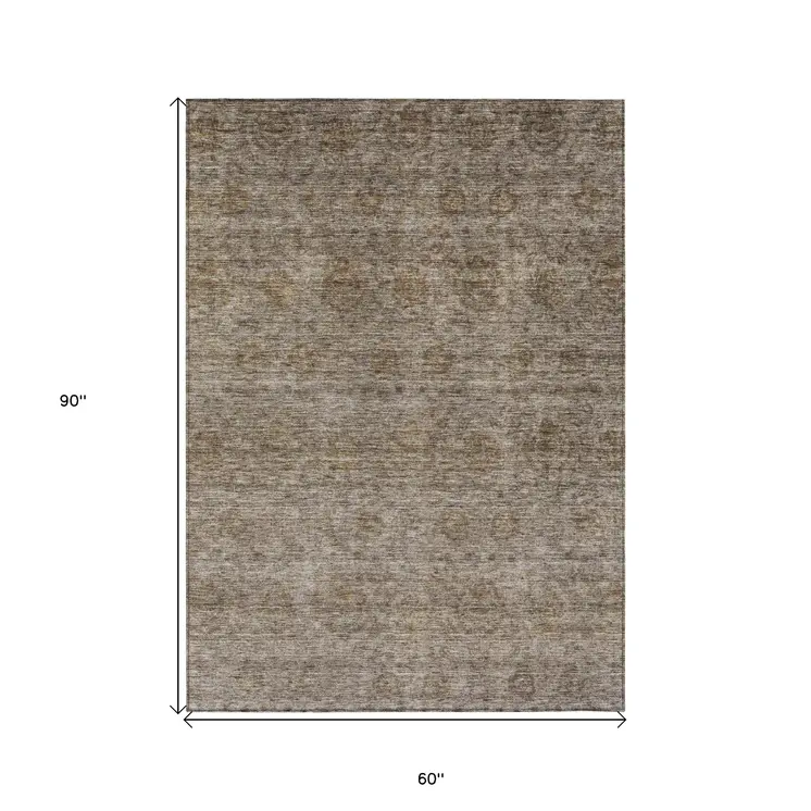 5' X 8' Brown And Tan Floral Washable Indoor Outdoor Area Rug