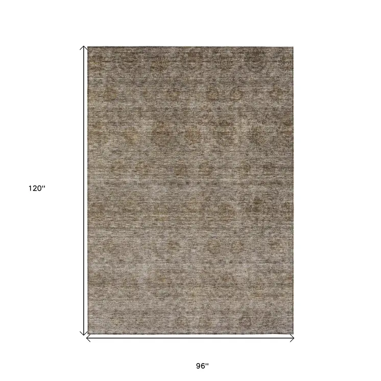 8' X 10' Brown And Tan Floral Washable Indoor Outdoor Area Rug