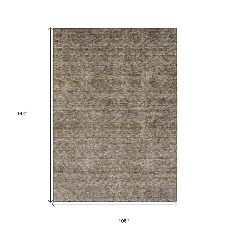 9' X 12' Brown And Tan Floral Washable Indoor Outdoor Area Rug