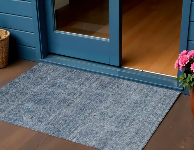 3' X 5' Blue And Ivory Floral Washable Indoor Outdoor Area Rug