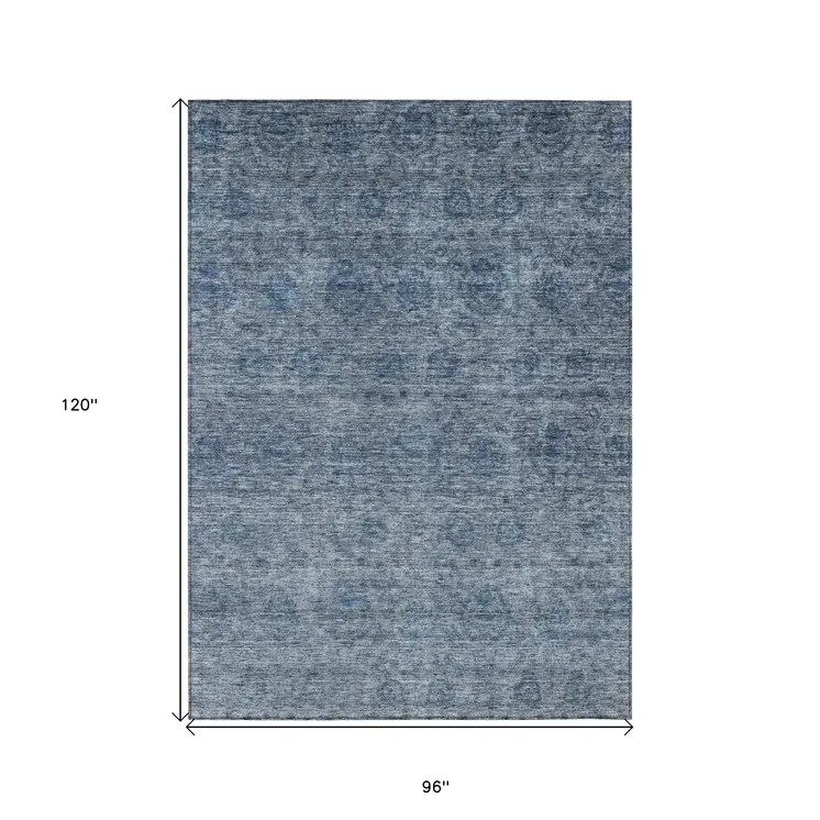 8' X 10' Blue And Ivory Floral Washable Indoor Outdoor Area Rug