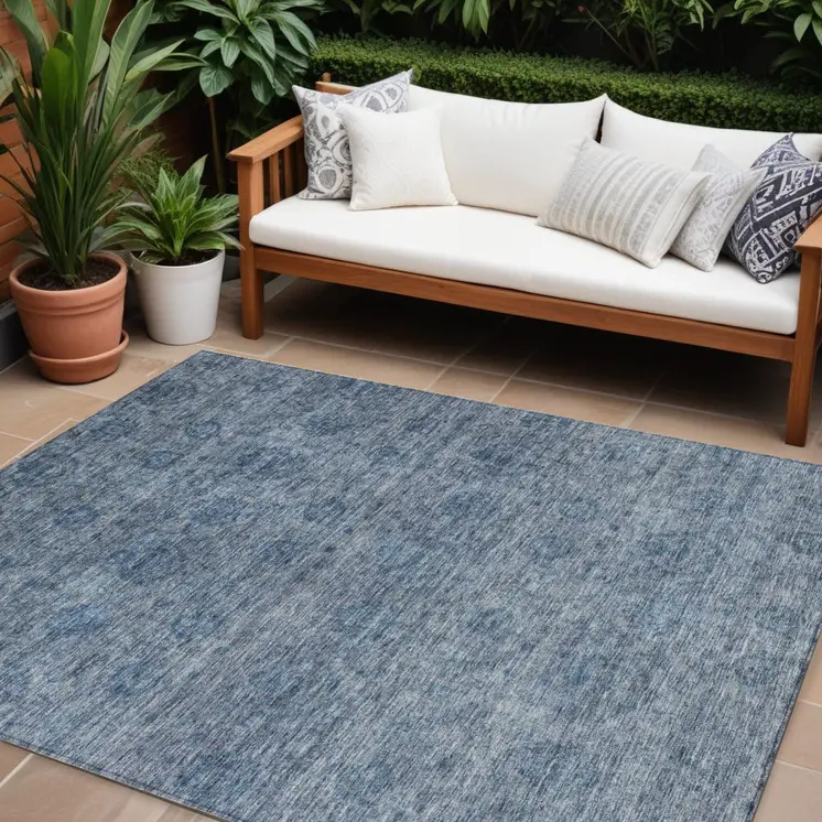 8' X 10' Blue And Ivory Floral Washable Indoor Outdoor Area Rug