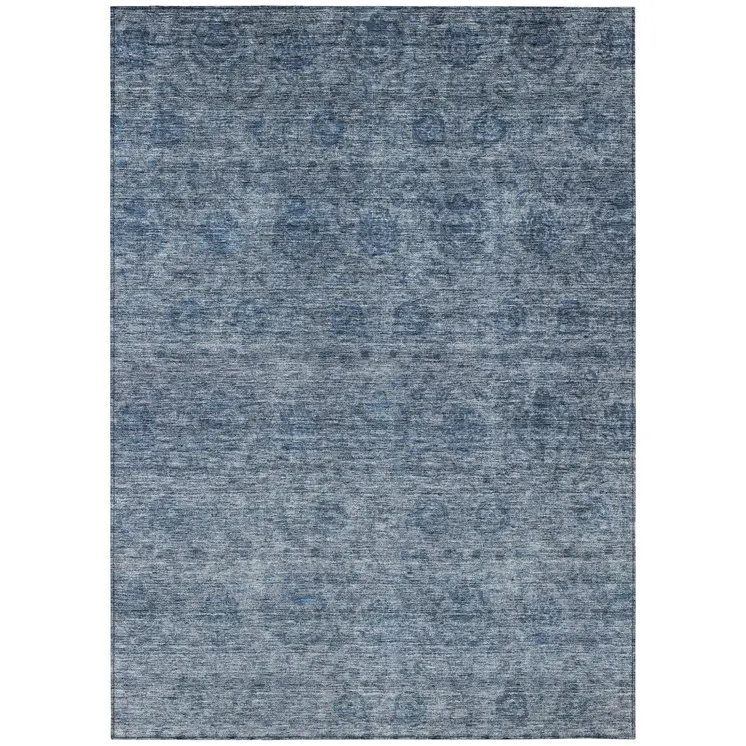8' X 10' Blue And Ivory Floral Washable Indoor Outdoor Area Rug