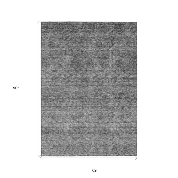 5' X 8' Gray And Charcoal Floral Washable Indoor Outdoor Area Rug