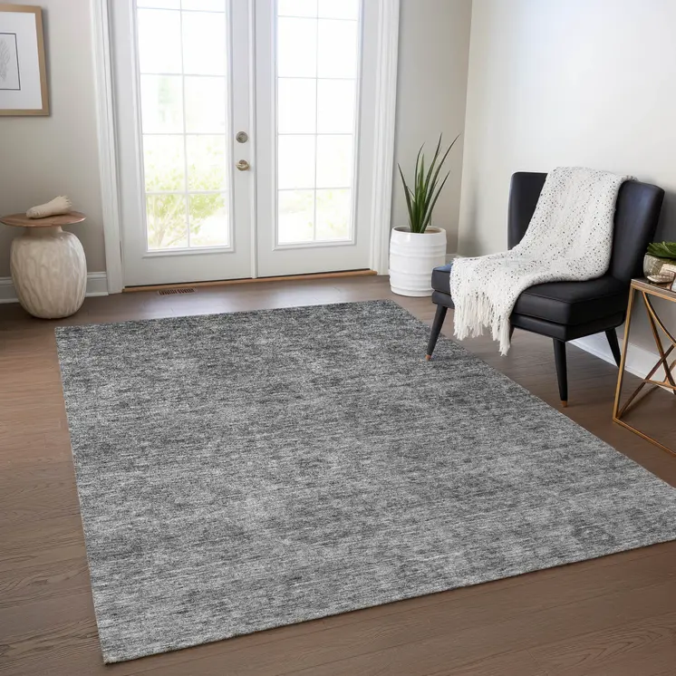 5' X 8' Gray And Charcoal Floral Washable Indoor Outdoor Area Rug