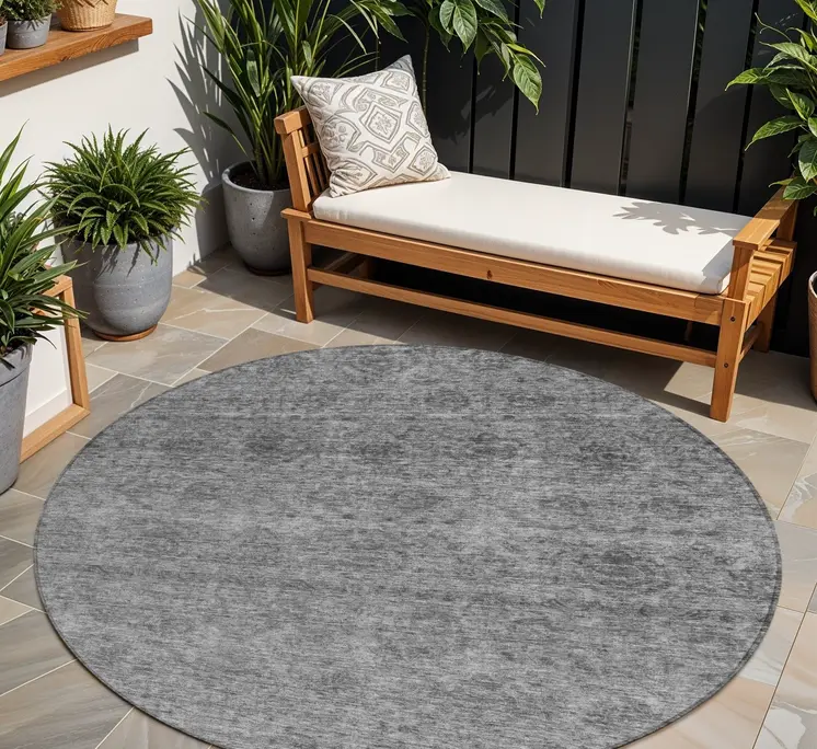 8' Gray And Charcoal Round Floral Washable Indoor Outdoor Area Rug