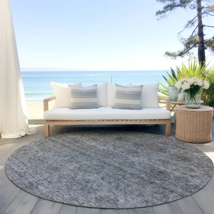 8' Gray And Charcoal Round Floral Washable Indoor Outdoor Area Rug