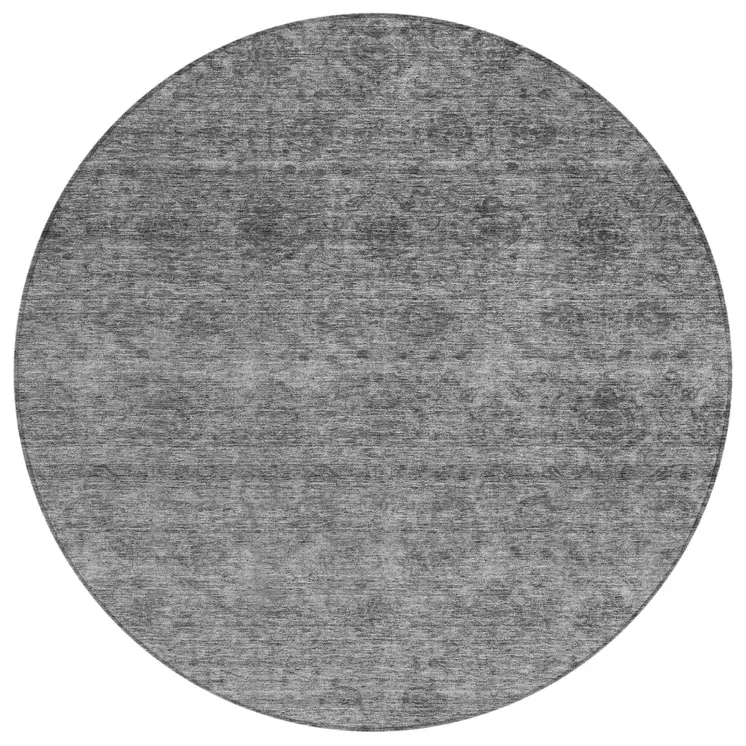 8' Gray And Charcoal Round Floral Washable Indoor Outdoor Area Rug