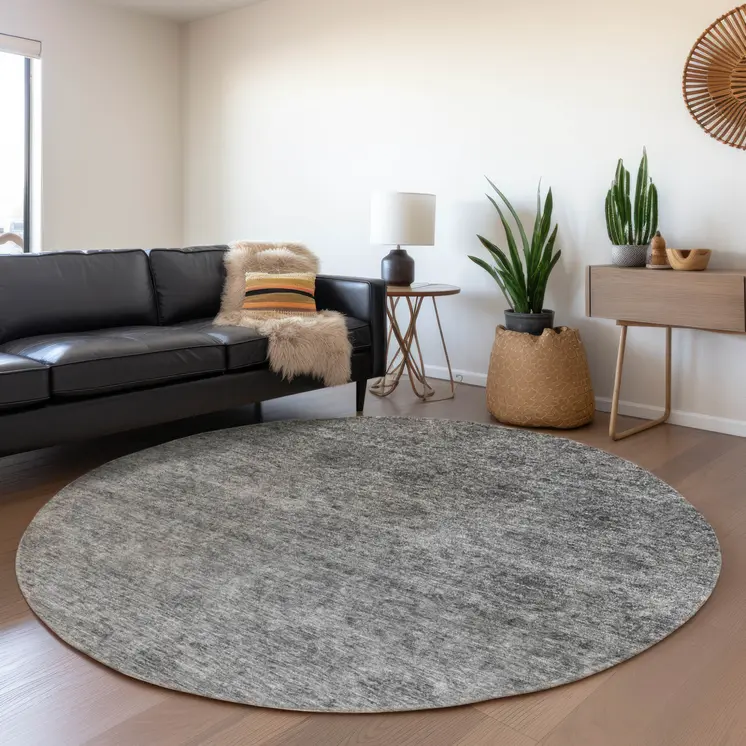 8' Gray And Charcoal Round Floral Washable Indoor Outdoor Area Rug