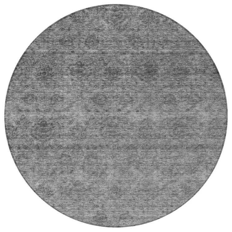 8' Gray And Charcoal Round Floral Washable Indoor Outdoor Area Rug