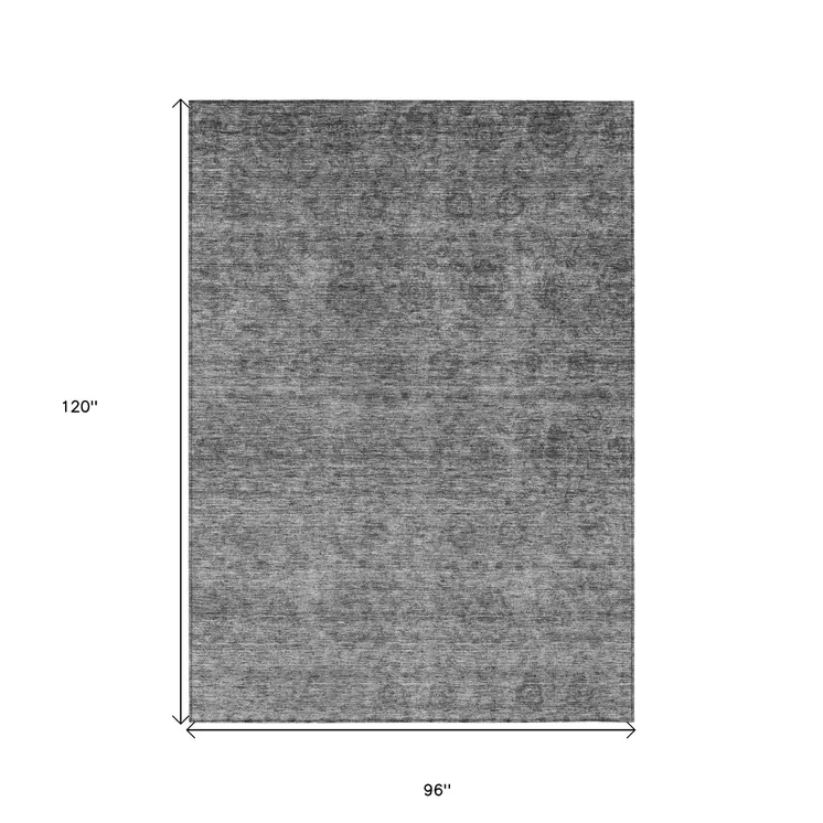 8' X 10' Gray And Charcoal Floral Washable Indoor Outdoor Area Rug