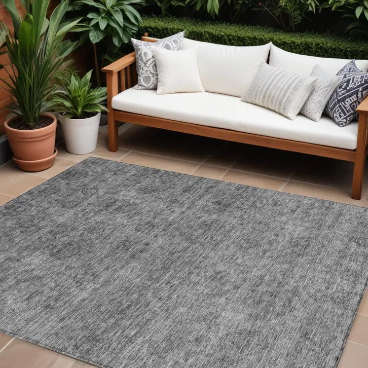10' X 14' Gray And Charcoal Floral Washable Indoor Outdoor Area Rug