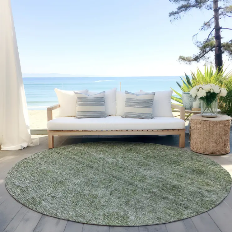 8' Olive Green And Beige Round Floral Washable Indoor Outdoor Area Rug