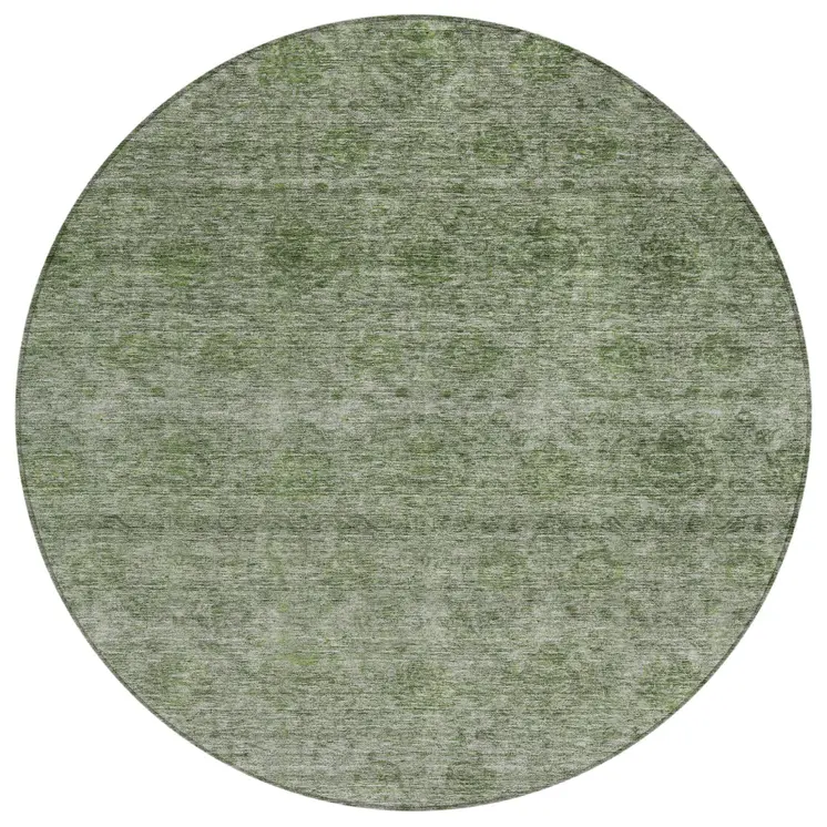 8' Olive Green And Beige Round Floral Washable Indoor Outdoor Area Rug