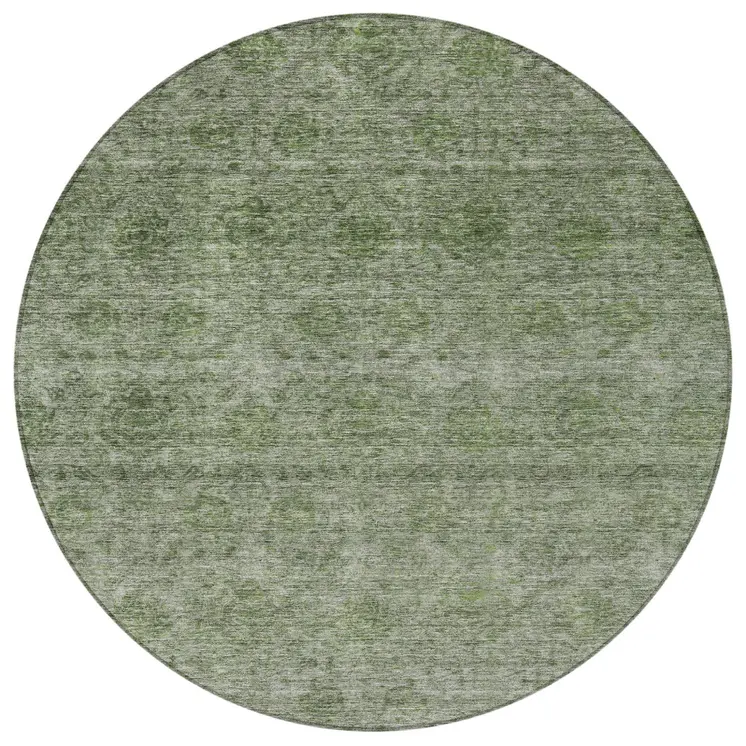 8' Olive Green And Beige Round Floral Washable Indoor Outdoor Area Rug