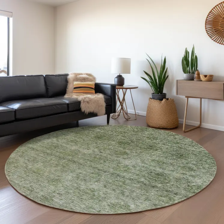 8' Olive Green And Beige Round Floral Washable Indoor Outdoor Area Rug