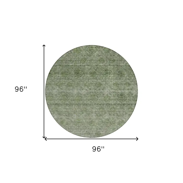 8' Olive Green And Beige Round Floral Washable Indoor Outdoor Area Rug