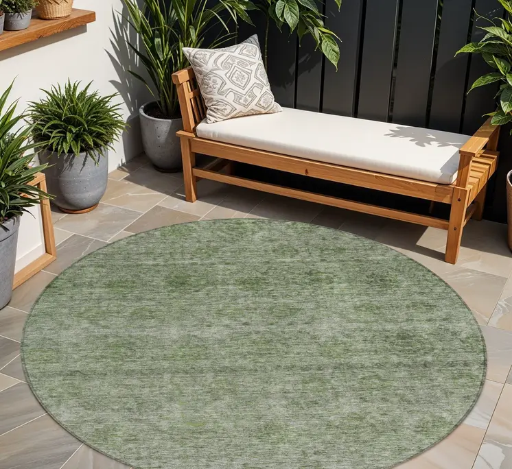 8' Olive Green And Beige Round Floral Washable Indoor Outdoor Area Rug