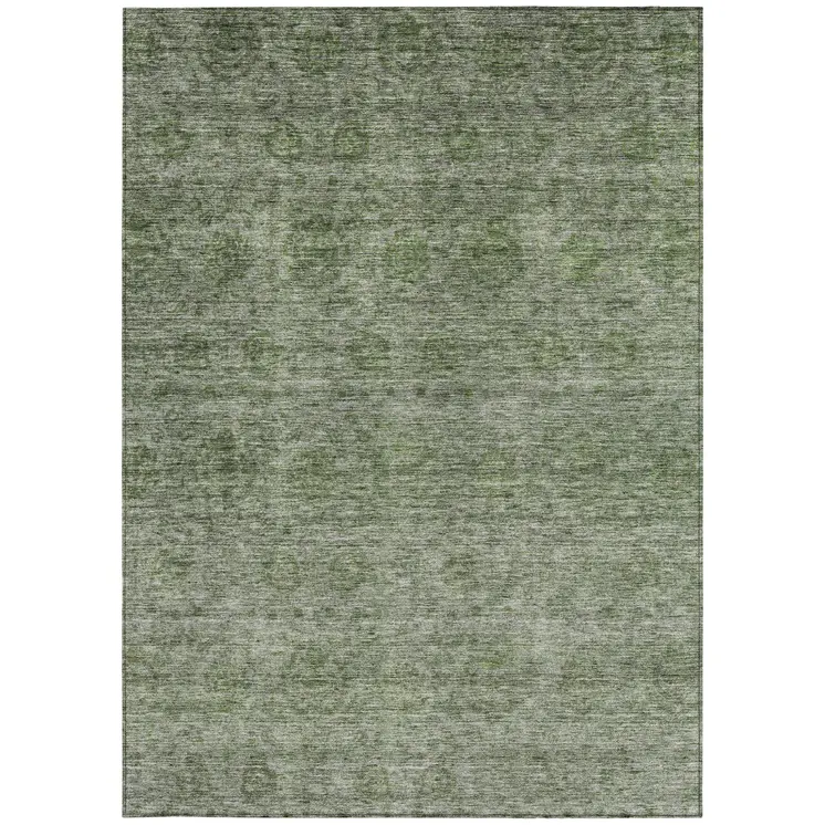 8' X 10' Olive Green And Beige Floral Washable Indoor Outdoor Area Rug