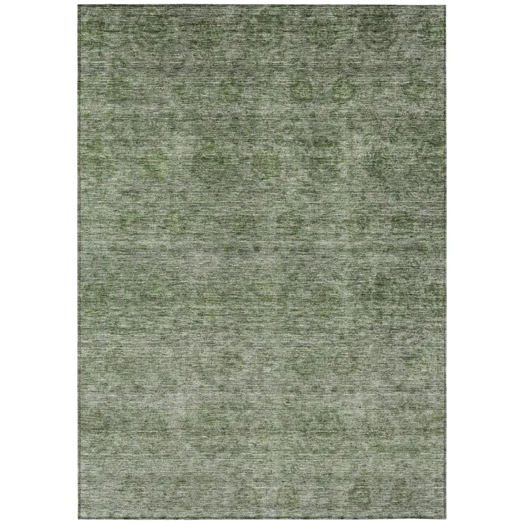 8' X 10' Olive Green And Beige Floral Washable Indoor Outdoor Area Rug