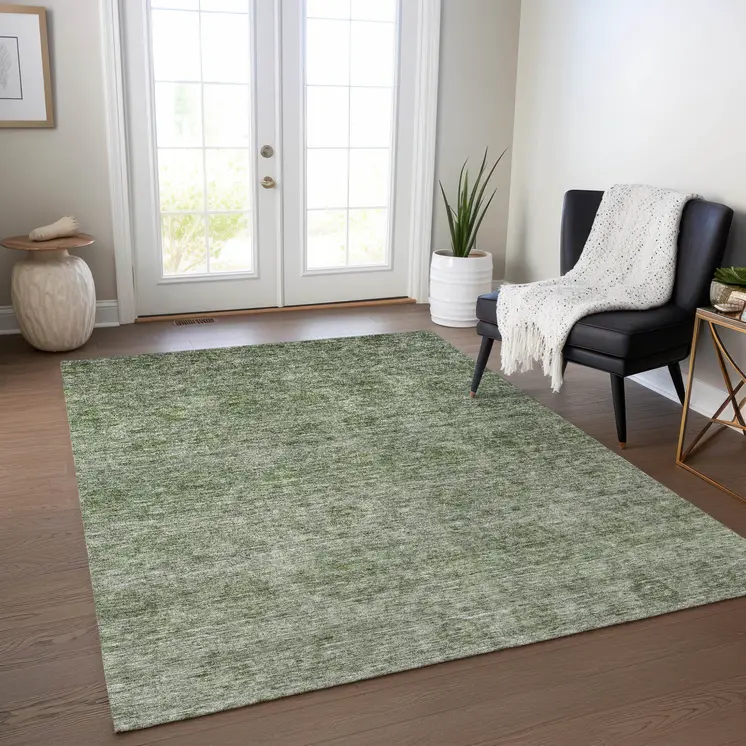 8' X 10' Olive Green And Beige Floral Washable Indoor Outdoor Area Rug