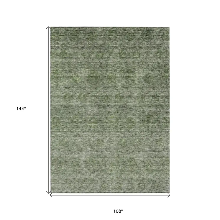 9' X 12' Olive Green And Beige Floral Washable Indoor Outdoor Area Rug