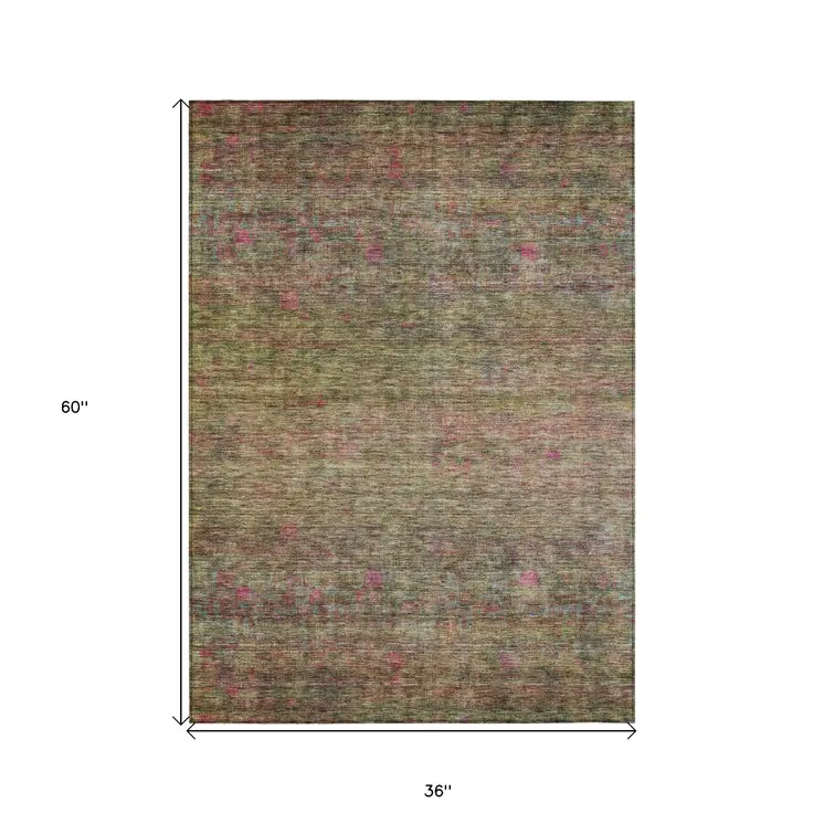 3' X 5' Artichoke Green And Hot Pink Floral Washable Indoor Outdoor Area Rug