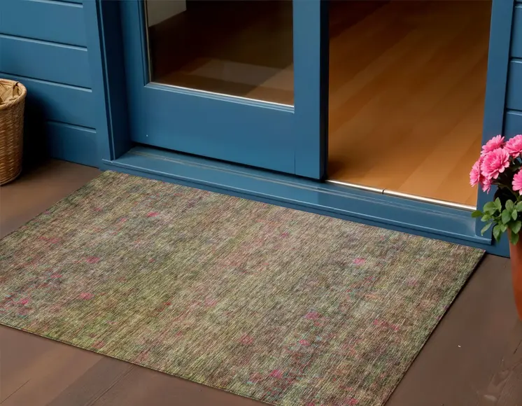 3' X 5' Artichoke Green And Hot Pink Floral Washable Indoor Outdoor Area Rug