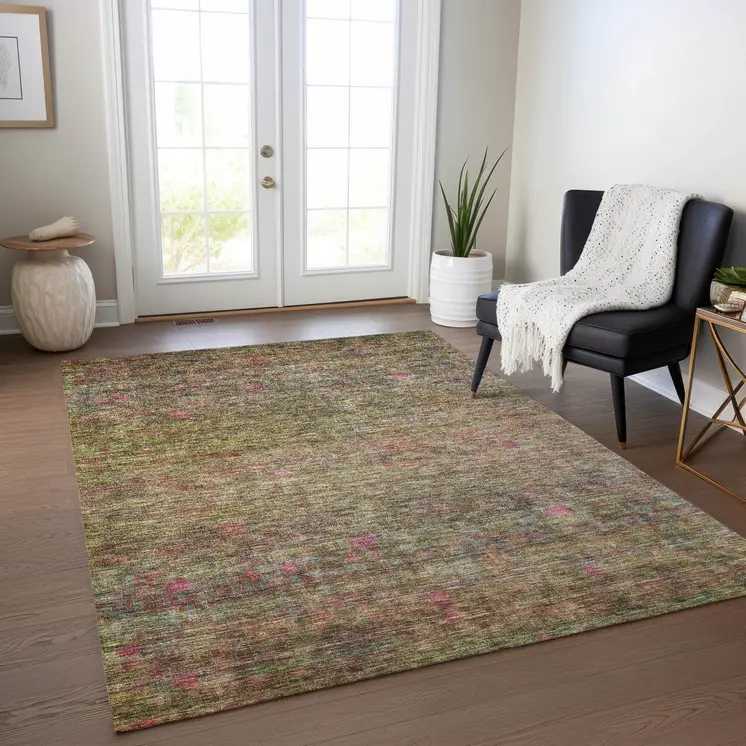 3' X 5' Artichoke Green And Hot Pink Floral Washable Indoor Outdoor Area Rug