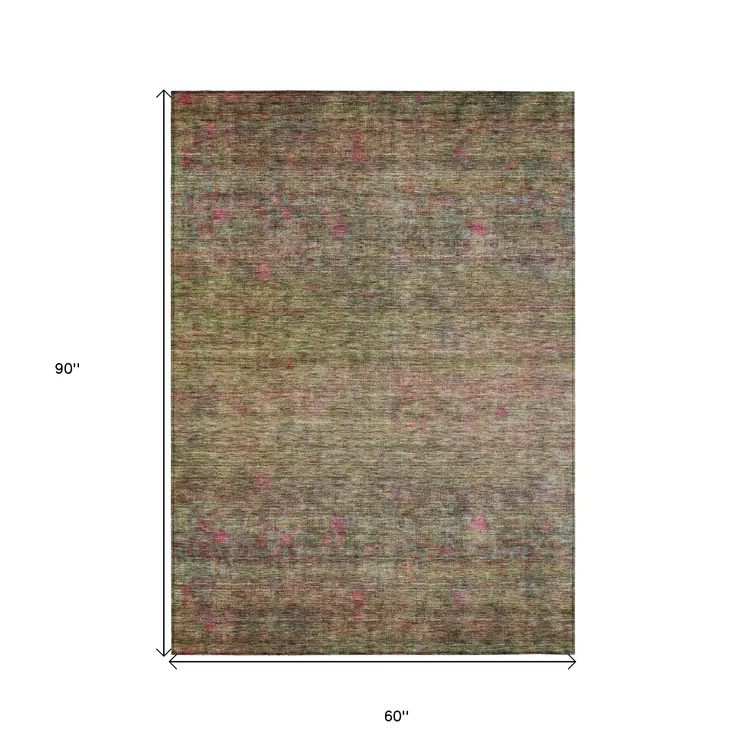 5' X 8' Artichoke Green And Hot Pink Floral Washable Indoor Outdoor Area Rug