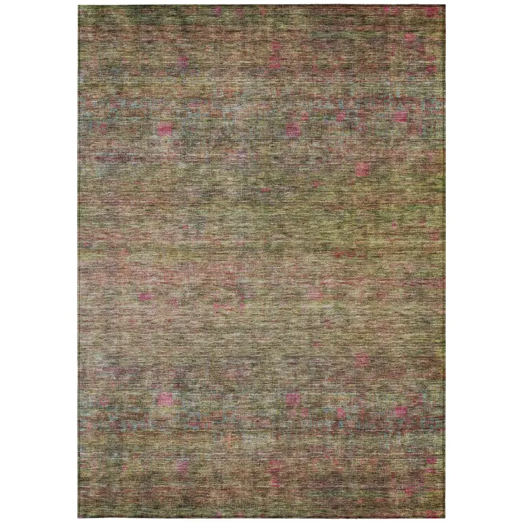8' X 10' Artichoke Green And Hot Pink Floral Washable Indoor Outdoor Area Rug