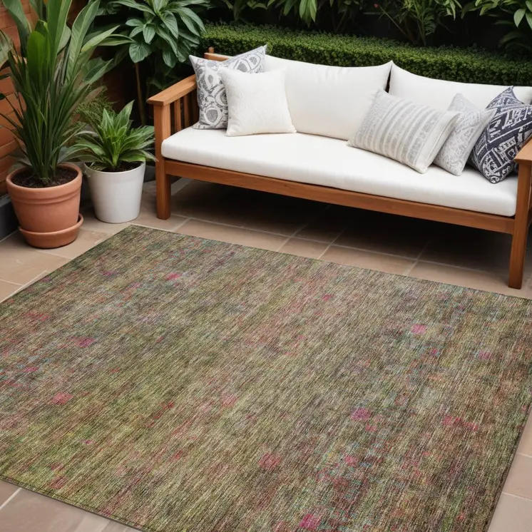 9' X 12' Artichoke Green And Hot Pink Floral Washable Indoor Outdoor Area Rug