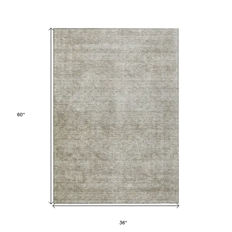 3' X 5' Linen And Gray Floral Washable Indoor Outdoor Area Rug