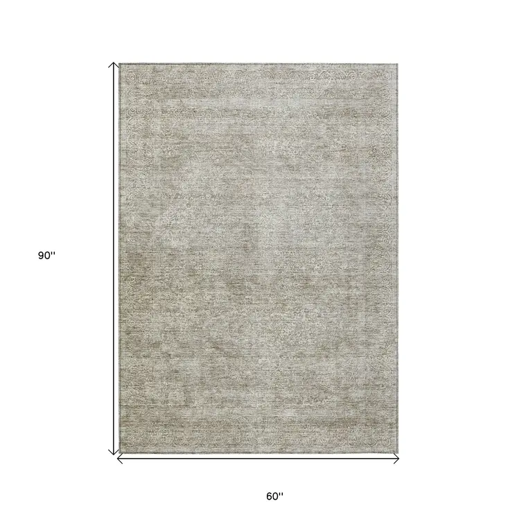 5' X 8' Linen And Gray Floral Washable Indoor Outdoor Area Rug