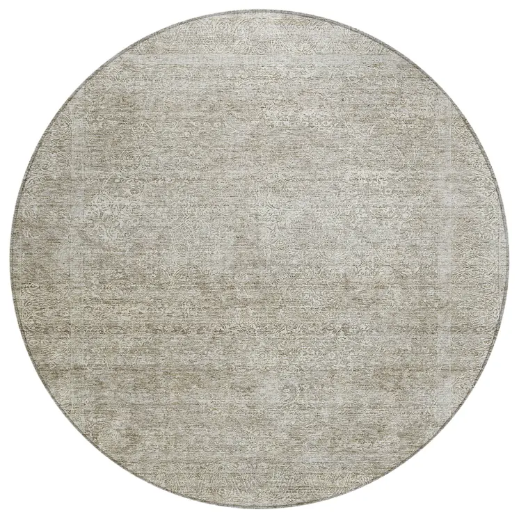 8' Linen And Gray Round Floral Washable Indoor Outdoor Area Rug