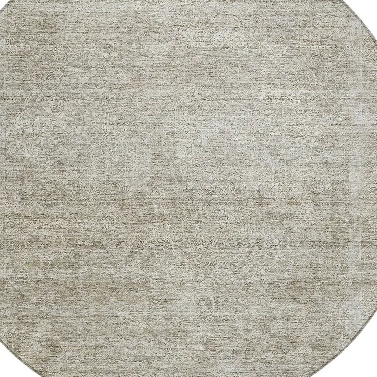 8' Linen And Gray Round Floral Washable Indoor Outdoor Area Rug