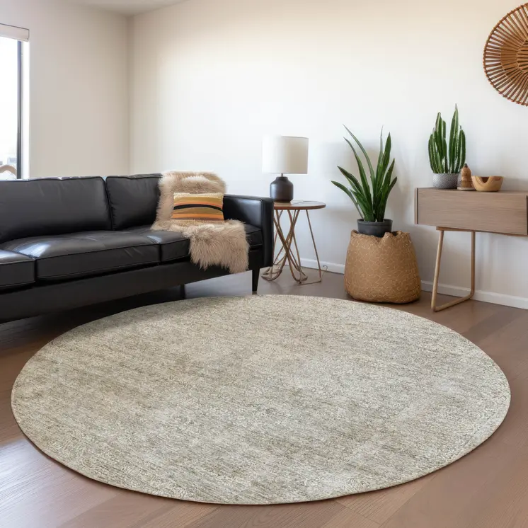 8' Linen And Gray Round Floral Washable Indoor Outdoor Area Rug
