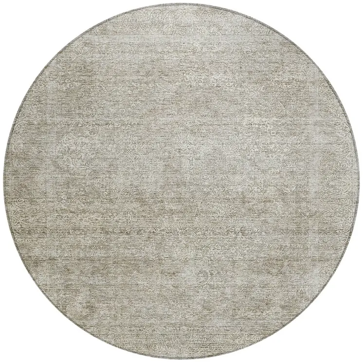 8' Linen And Gray Round Floral Washable Indoor Outdoor Area Rug