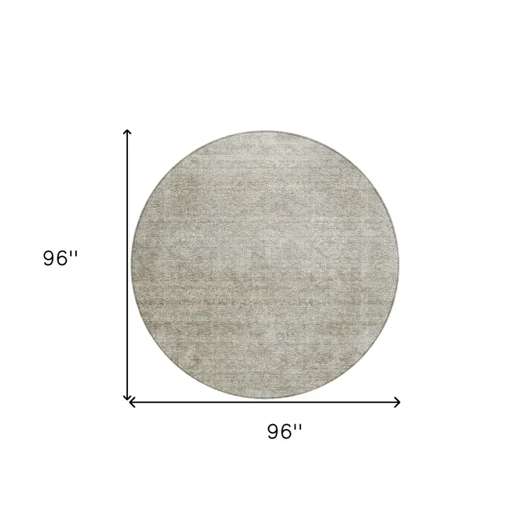 8' Linen And Gray Round Floral Washable Indoor Outdoor Area Rug